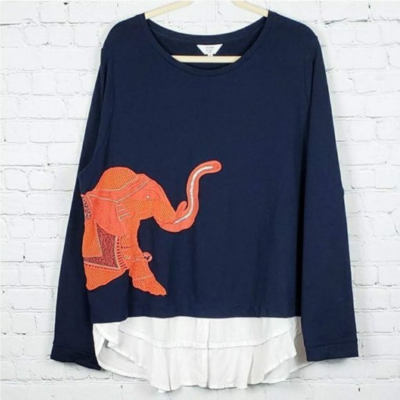 crown & ivy Tops - Crown & Ivy Navy, Orange, & Silver Elephant Top 2X
